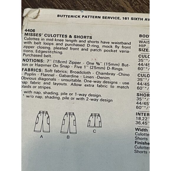 Butterick 4406 Pattern Vintage Misses Culottes & Shorts Size 8 UNCUT - Picture 3 of 4